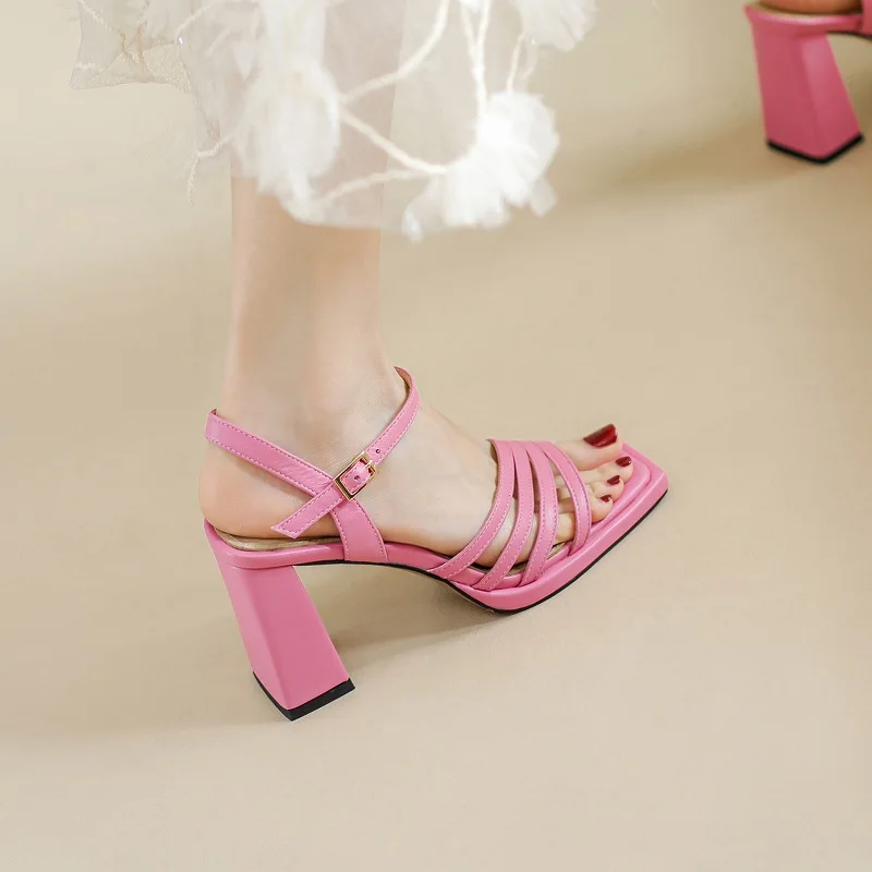 

Square Heel Outwear Buckles Shoes Sheepskin Elegant Sandals Summer Sandals Peep Toe Ladies Daily Shoes Super High Heel 8.5 CM