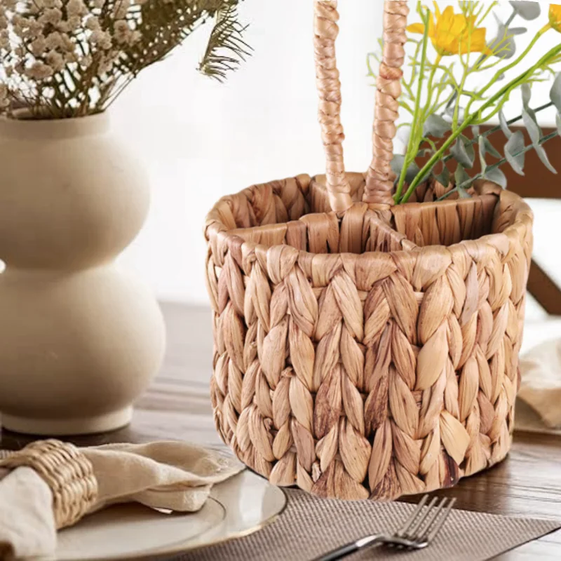 Rattan Wicker Storage Basket Hand Woven Flatware Organizer Round Storage Box Water Hyacinth Storage Basket Cutlery Holder 6