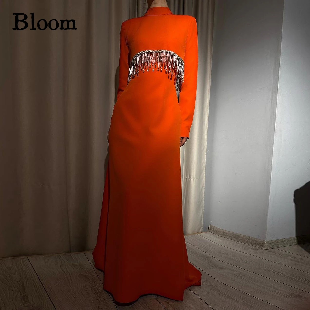 

Bloom High Neck Twinkly Tassels Prom Dresses Long Sleeves Floor Length Elegant Formal Evening Dresses Bridal Wedding Party Dress