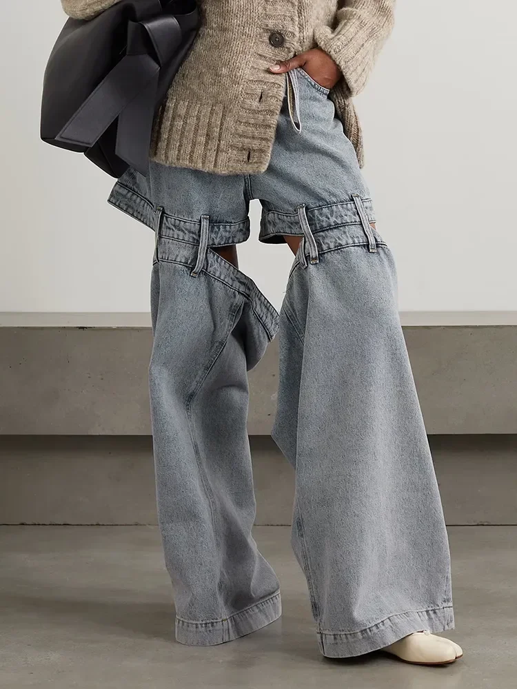 

Chic Spliced Zipper Jeans For Women High Waist Patchwork Pockets Cut Out Casual Jean Female Fashion Clothing 2023