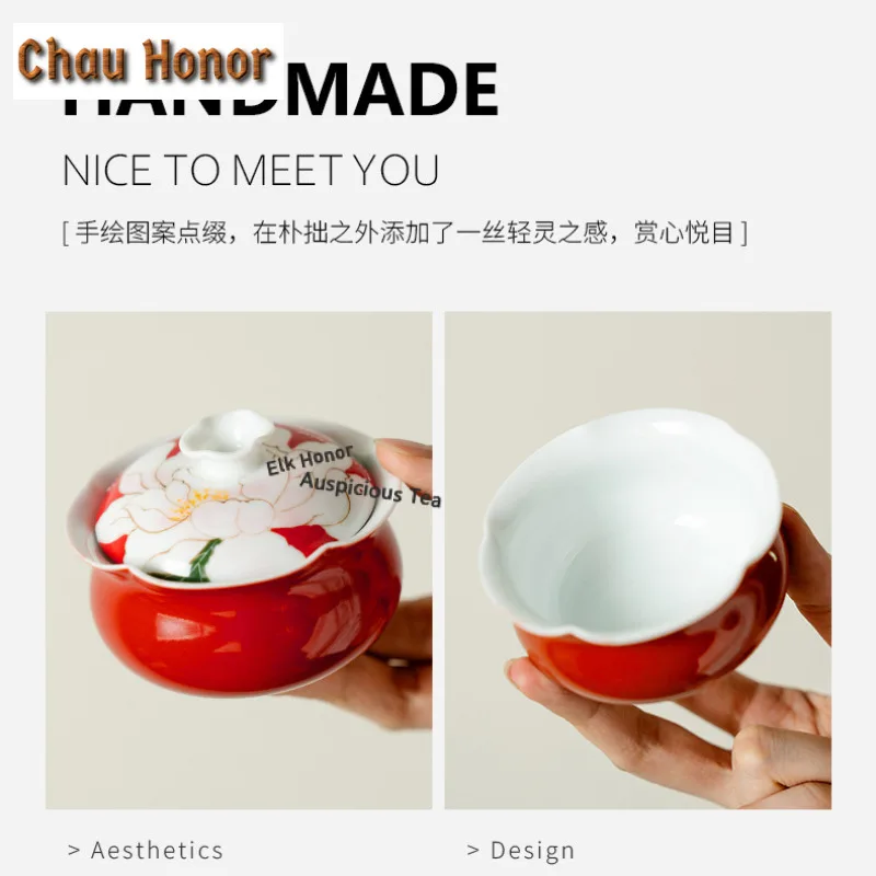 90ml Hand-painted Butterfly Peony Red Gaiwan Japanese Tea Tureen Tea Bowl With Lid Kit Tea Brewing Cover Bowl For Teaware Gift