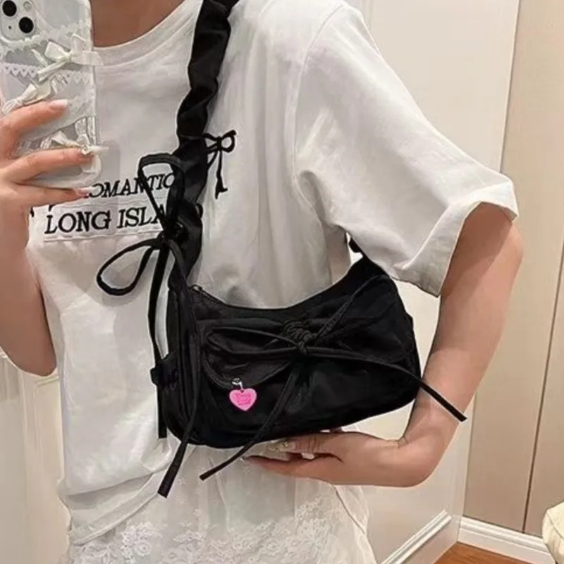 JIAERDI Sweet Cool Denim Shoulder Bags Women Harajuku Bow Chic Cute Y2k Handbag Purse Ladies Casual Blue Underarm Bag Aesthetic
