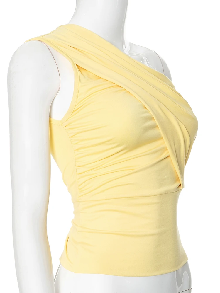Incline Shoulder Vests Women Solid Concise Summer Stacked Ruched Slim Crop Tanks Female Basic Street Holiday Wild Tops