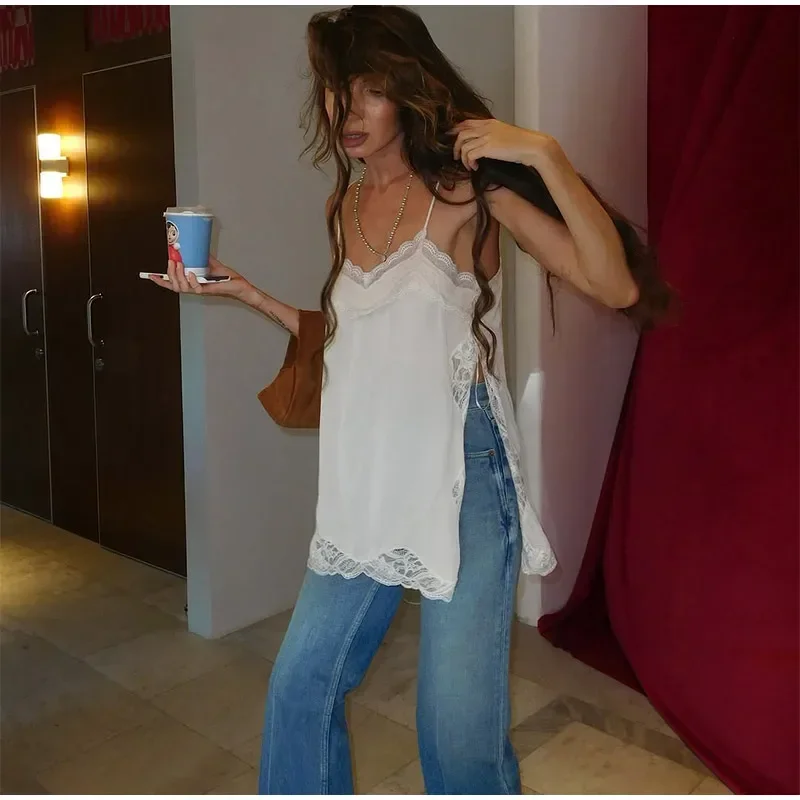 Sexy Lace Patchwork Blouses For Women, Sleeveless Square Neck, For Party Club, Vacation Chic Lady Shirts - Uniqwear