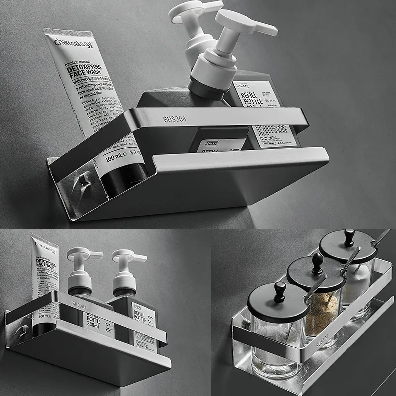 Nickel Bathroom Shelves Without Drilling Kitchen Shelves Shower Wall Shelf Shampoo Towel Holder Bathroom Organizer Accessorie