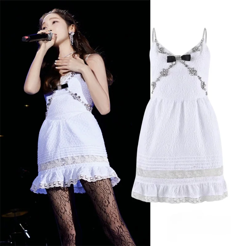 

Kpop Korean Singer Street Dance Summer Shiny Diamond Bow V-neck Patchwork Lace Halter Dress Outfit Women Concert Stage Costume