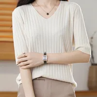2025 New Spring Summer New Women's V-neck Short-Sleeved Exquisite Cashmere Knitted Sweater Pullover Solid Color - Image 6