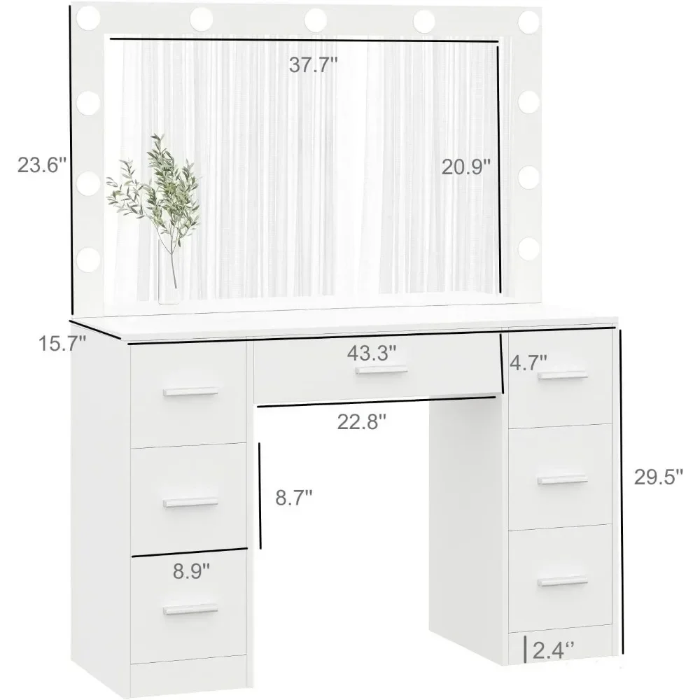 Makeup table with illuminated mirror, 3 color lighting modes, adjustable brightness, drawers, white, free shipping 5