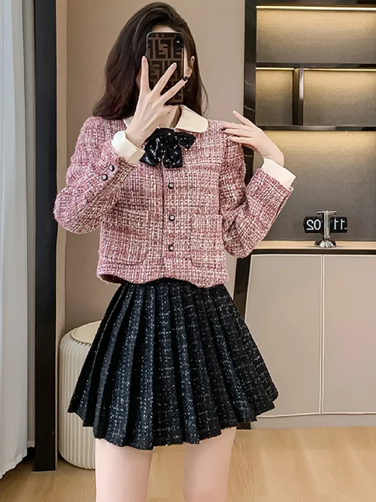 

New Fashion Preppy Style Cropped Blazer Mujer Sweet Bowknot Pink Jacket +High Waist Pleated Skirt Tweed Two Piece Sets