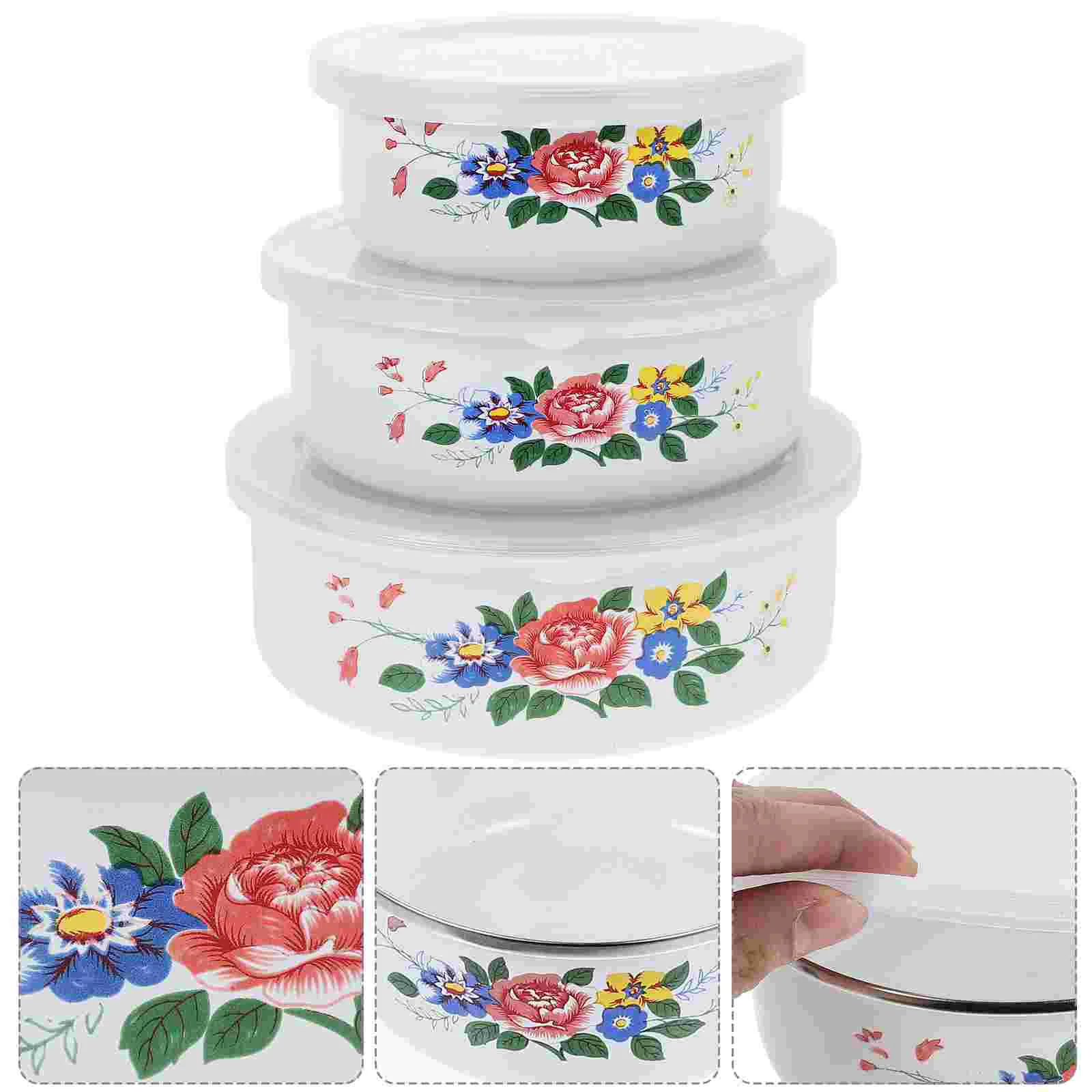

3 Pcs Dough Fresh-keeping Enamel Bowl Office Pasta Noodles White Pot Storage with Lid
