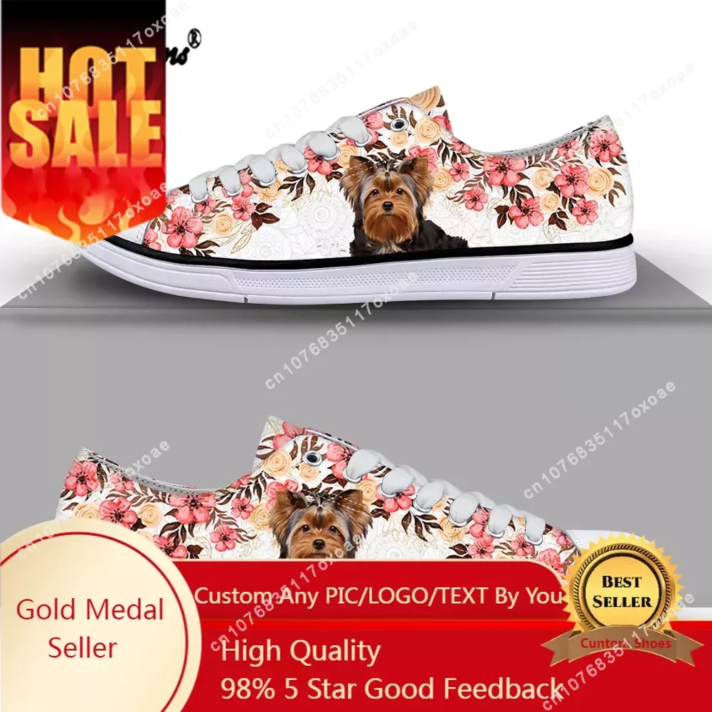 

2021 New Fashion Flat Canvas Shoes Cute Yorkshire Terrier With Flower Lace-up Breathable Non-slip Vulcanized Shoes