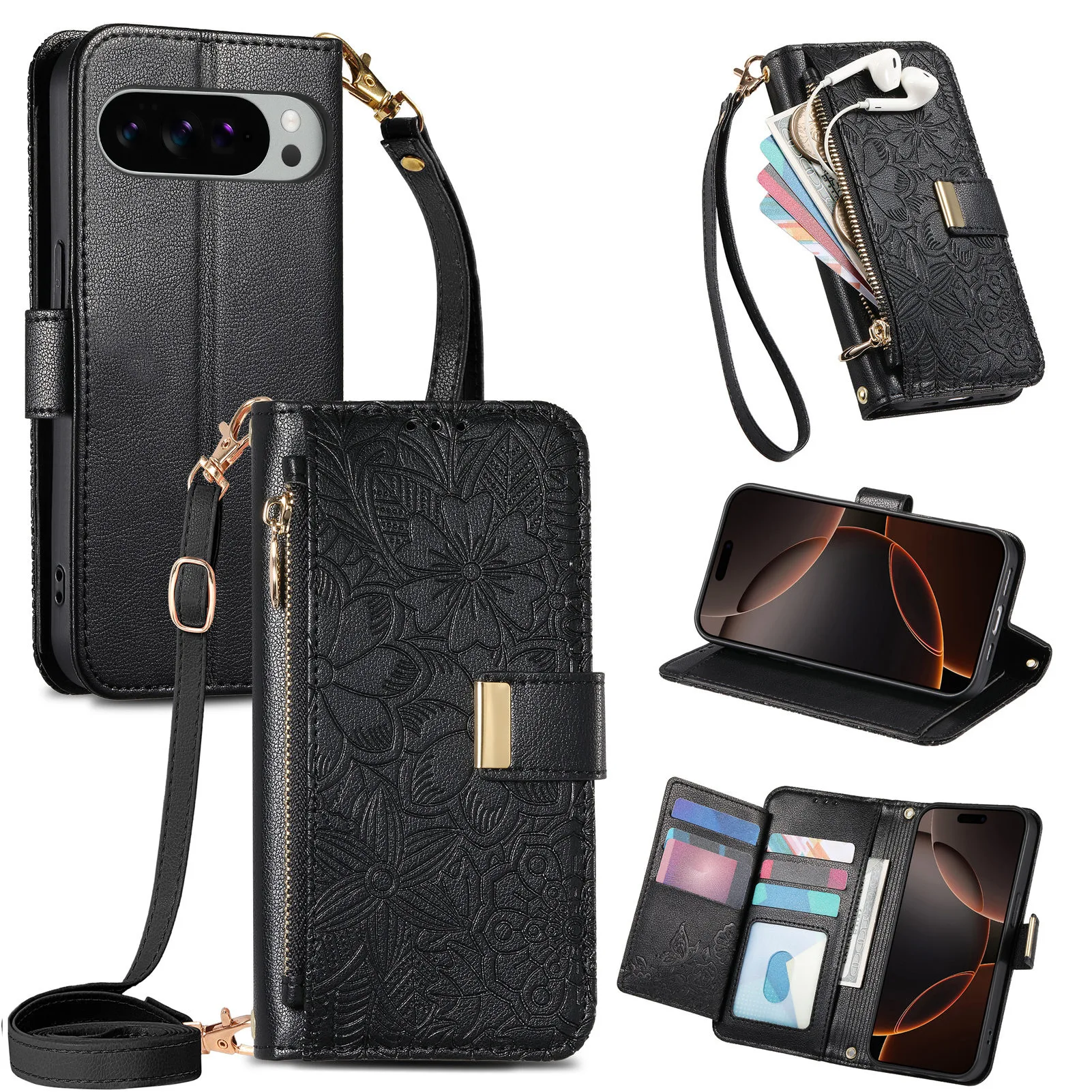 Elegant Crossbody Wrist Strap Leather Flip Wallet Card Holder Phone Case - Enhanced Shockproof Protection
