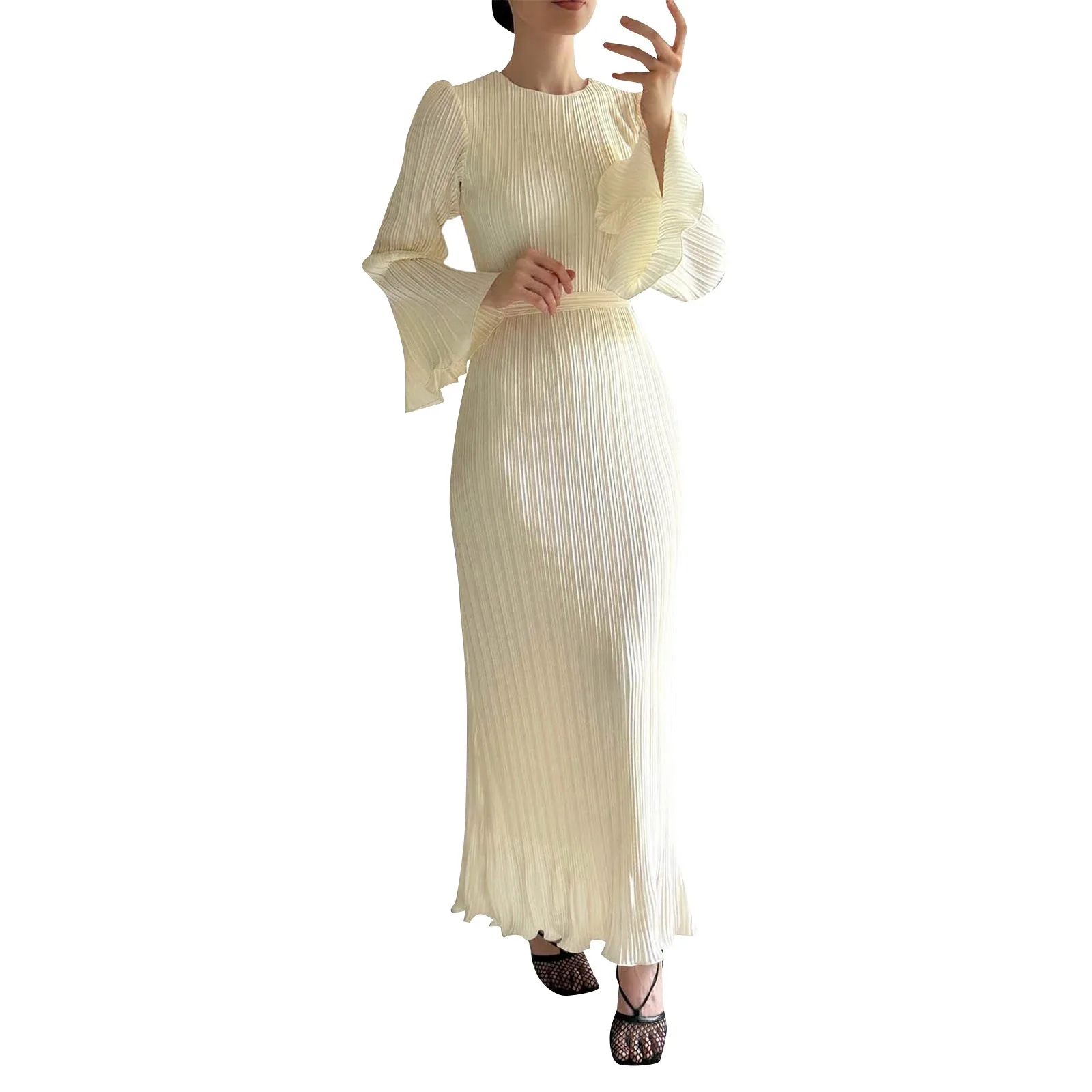 

Romper Dress Women Women Casual Solid Color Round Neck Bell Sleeve Pleated Dress Young Woman Dresses