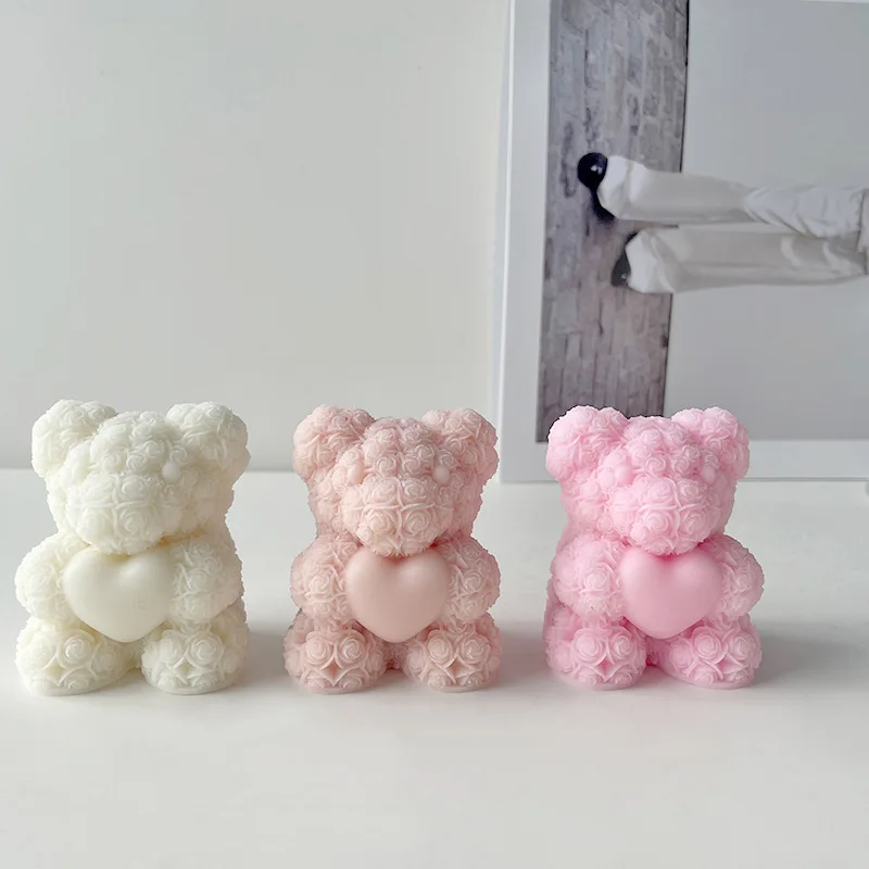 Rose Bear Heart Mold Flower Valentine\'day DIY Mold Heart Shape Silicone Candle Mould