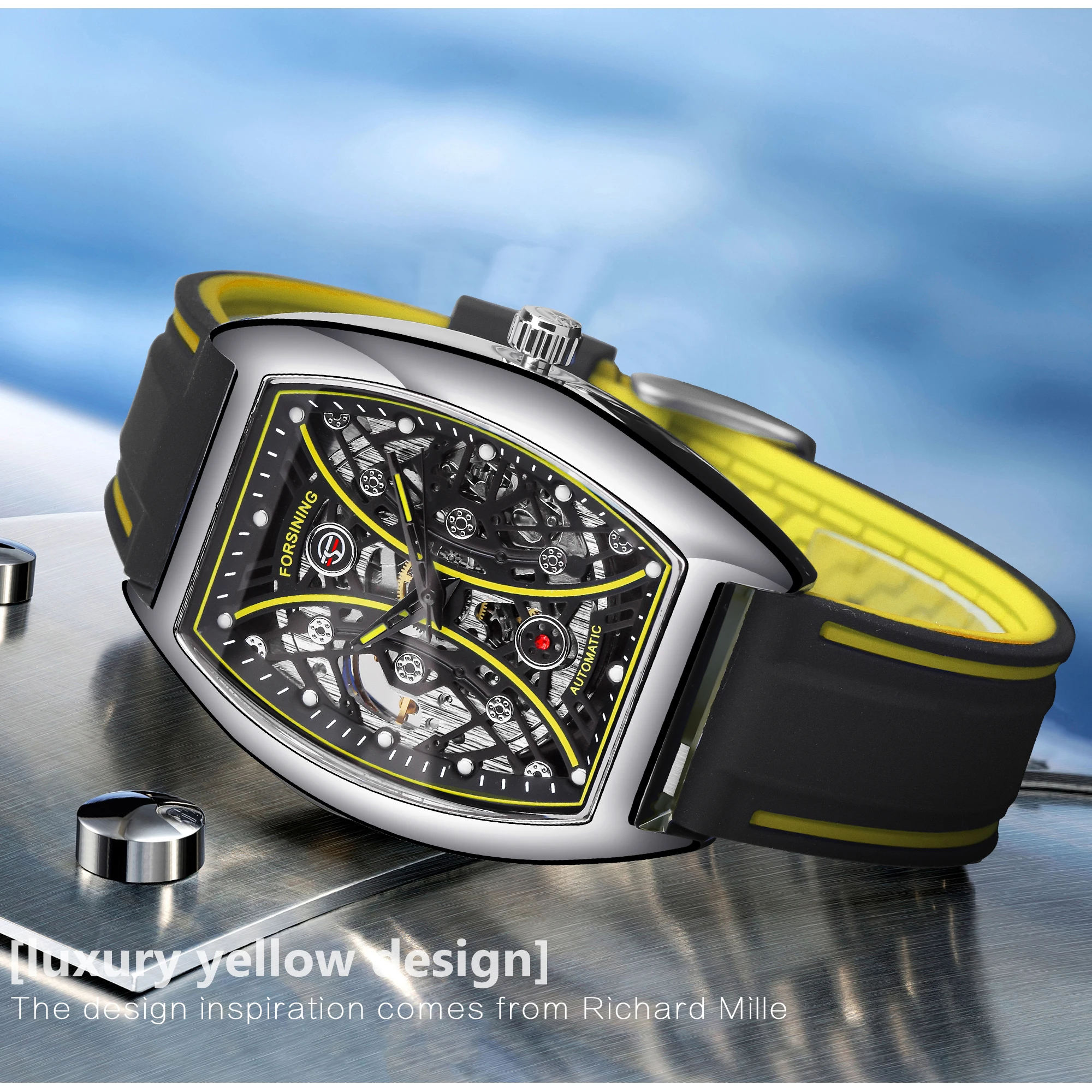 Forsining Skelett-Armbanduhr mit automatischem Aufzug, Gelb/Silber, für Herren, mechanisch, Militäruhr, rechteckig, für Herren, automatische Uhren_voghion.com