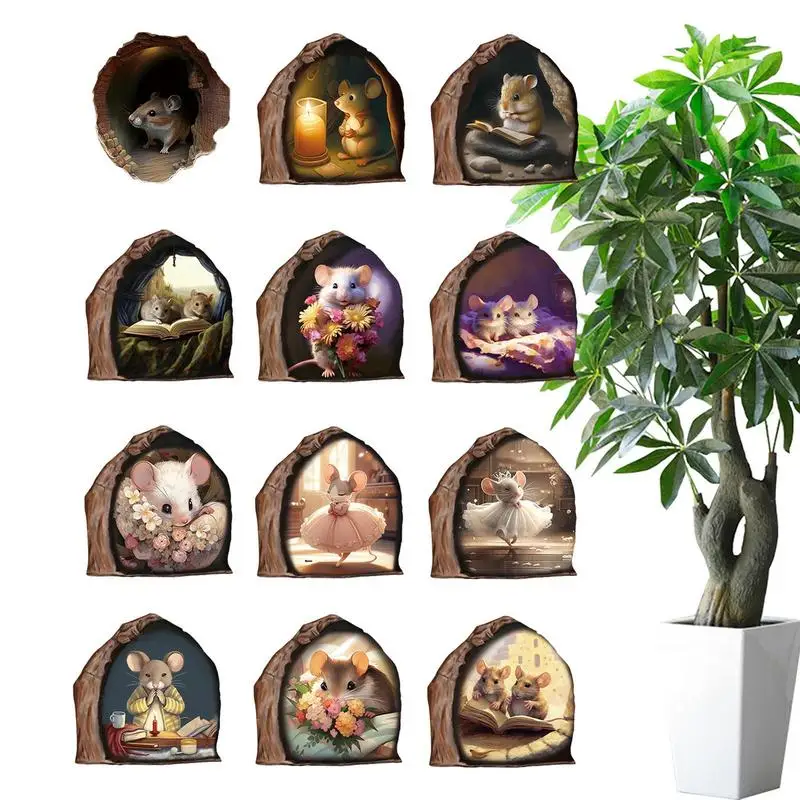 

Mouse Reading Book Sticker 12pcs Funny Mouse Hole Wall Art Decals Adorable Peel And Stick PVC Kids Room Wall Decorations