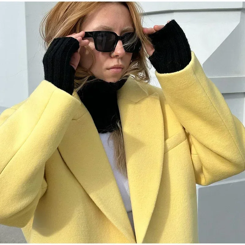 Fashion Woolen Long Coat Women Autumn Full Sleeve Button Fake Pocket Split Yellow Overcoat Elegant Oversize New in Outwear