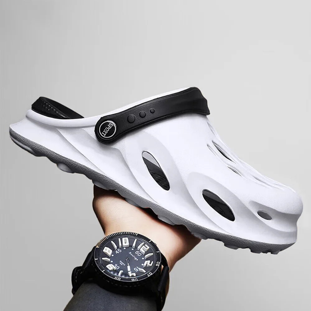 Leather Sandals Hole Shoes Men's Fashion Beach Sandals Thick Sole Slipper Waterproof Anti-Slip Sandals Flip Flops Non-slip toe EVA hole shoes 02
