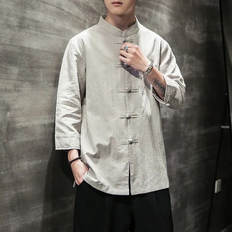 

Yourqipao Chinese New Men's Linen Shirt Solid Color Casual Blouse Men's Retro Button-down Shirt Collar Loose Large Size Tops