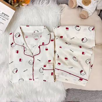 طقم بيجامة ياباني لطيف كاواي هالو كيتي بأكمام طويلة ملابس نوم نسائية ناعمة ملابس منزلية ملابس نوم لربيع الخريف 4