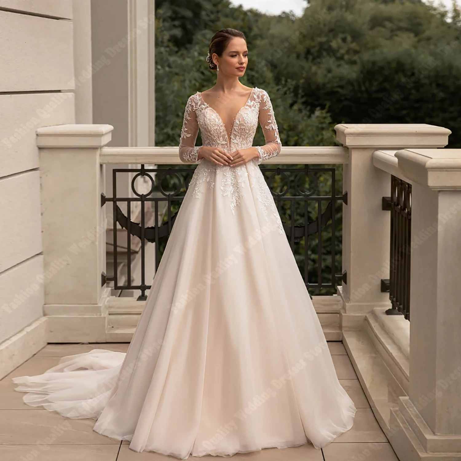 Deep V-Neck Wedding Dresses For Women Ivory A-Line Lace Long Sleeves Vintage Bride Ball Bridal Gown Vestidos De Novia Customized 4