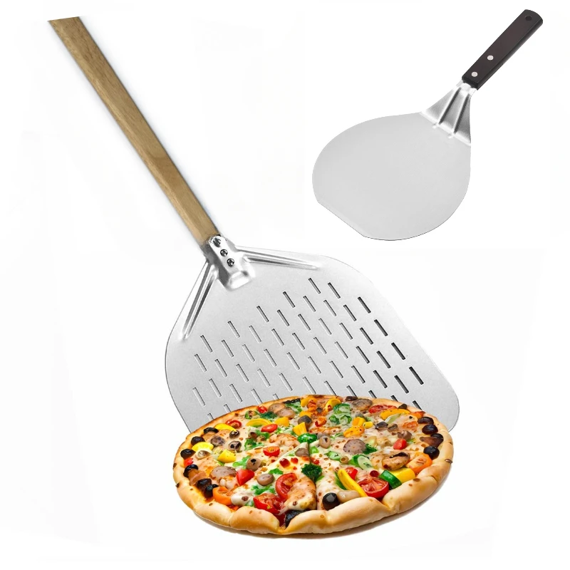 6.5/10/12inch Pizza Shovel Metal Non-Stick Pizza Peel with Wood Handle Cake Lifter Transfer Tray for Homemade Baking Bread
