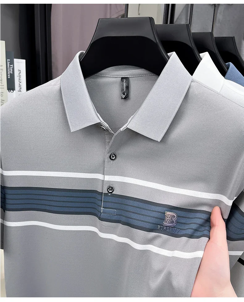 High end trend brand pure cotton polo shirt classic striped summer comfortable short sleeve men's T-shirt letter embossed top 17 S209bc2c645de42c684ee04ea57a3823ak