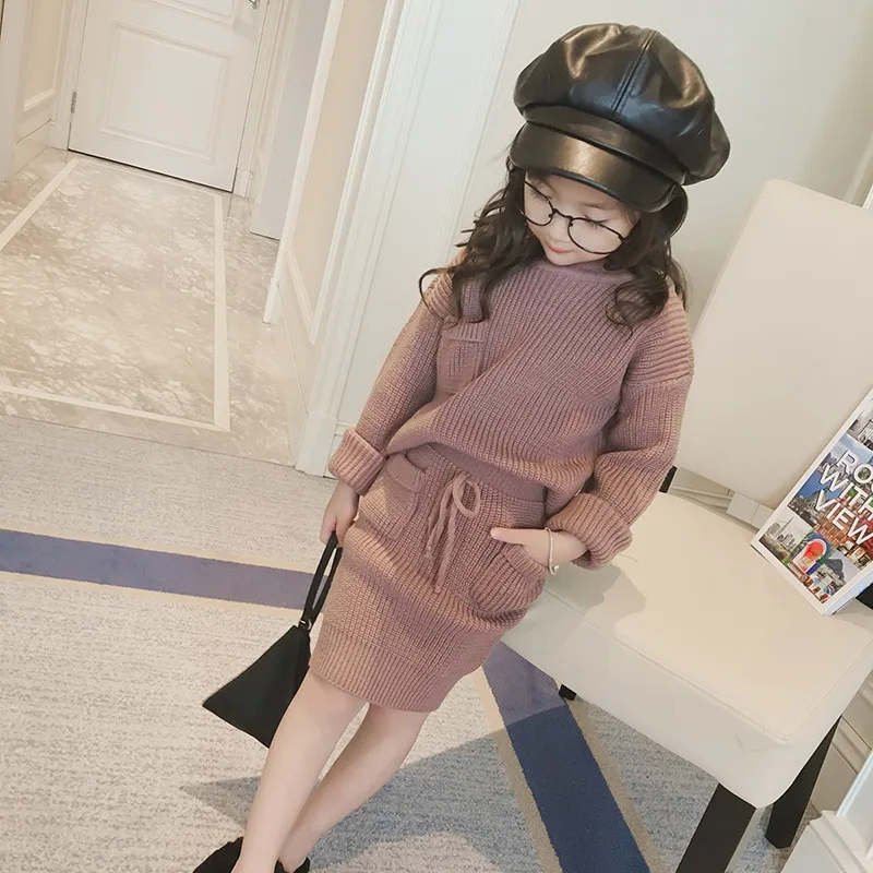 

New Girls Fashion Set Korean Knitted Sweater Sets Solid Knit Top+ Slim Knit Drawstring Skirt 2pcs Autumn/Winter Skirt Suit