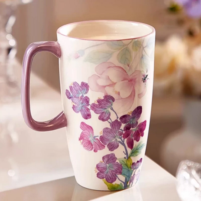 Chinese Style Ceramic Gift Cute Mug, Home Personal Office Creative Hand Drawn Flower Patterns, Milk Water Coffee Cup, 600ml, 1Pc