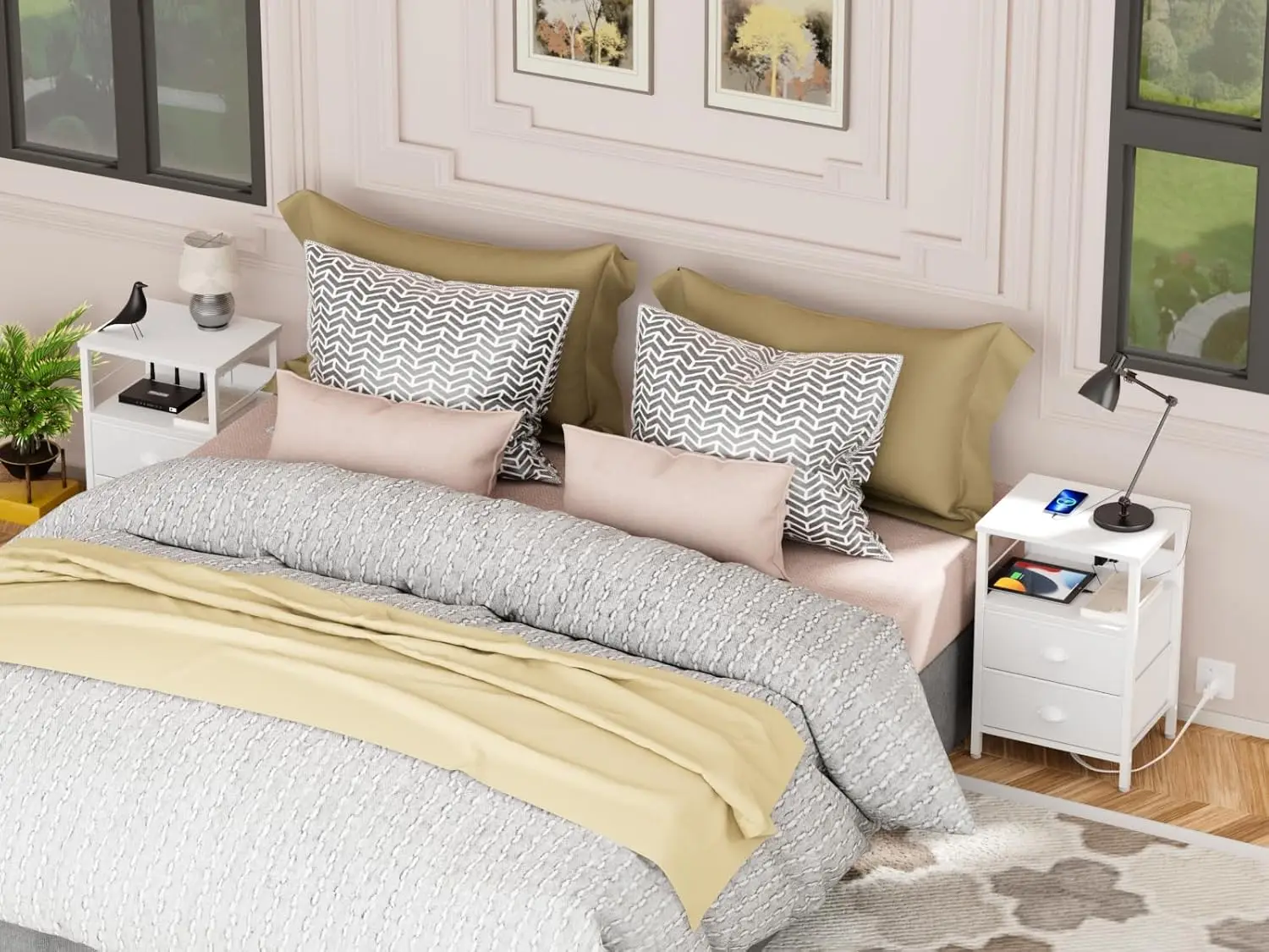 Nightstands Set of 2, End Tables with Charging Station and USB Ports, Side Tables with 2 Fabric Drawers, Night Stands