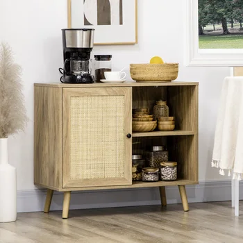 Credenza da cucina HOMCOM con porta in rattan 2 ripiani portaoggetti 80x39x70 cm 1