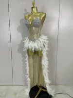 Sparkly Rhinestones Feathers Long Tail Bodysuits Sexy Mesh Transparent Stage Dress Evening Party Celebrate Luxury Birthday Dress - Image 2