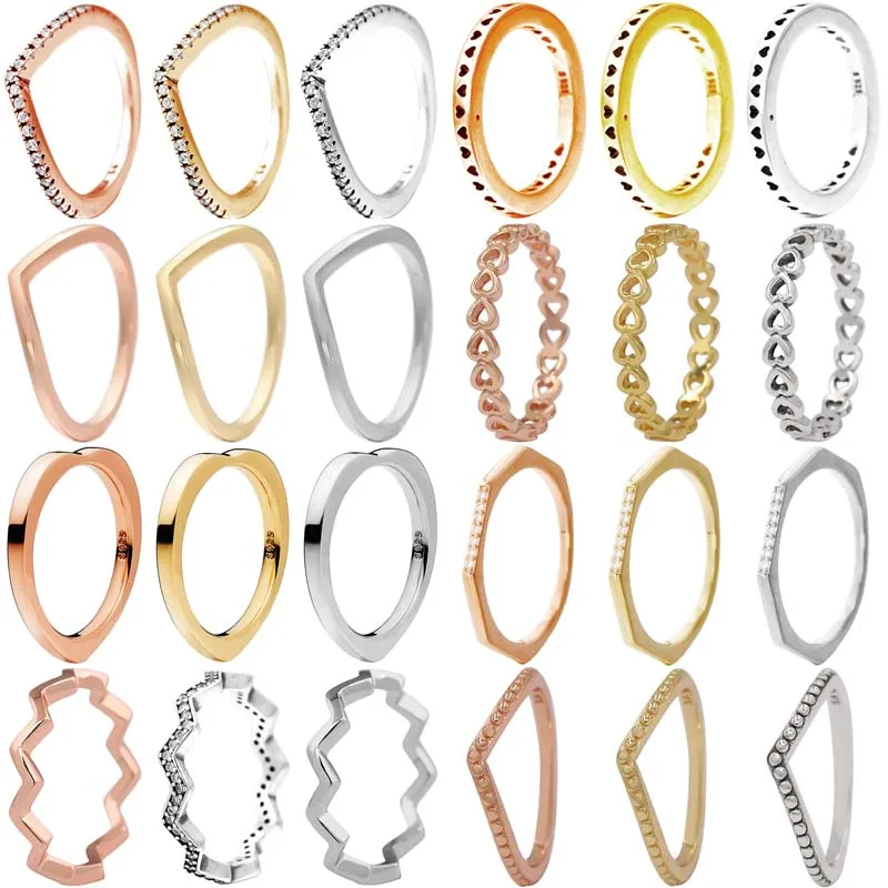 Rose Golden Shine Luccicante Senza Tempo Zig Zag Wish Bone Signature Hearts Ring Anello In Argento Sterling 925 Per Gioielli Fai Da Te Di Moda