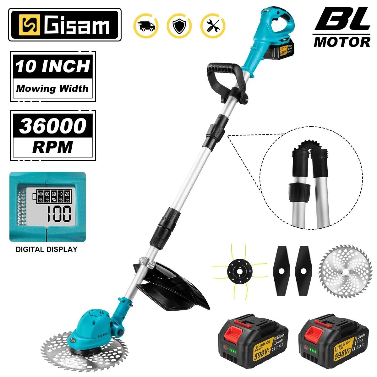 GISAM Cortador de Grama Elétrico 10 Polegadas, motor brushless, aparador de grama 36000RPM, ferramenta de jardim com comprimento ajustável, compatível com pinos de bateria Makita 18V