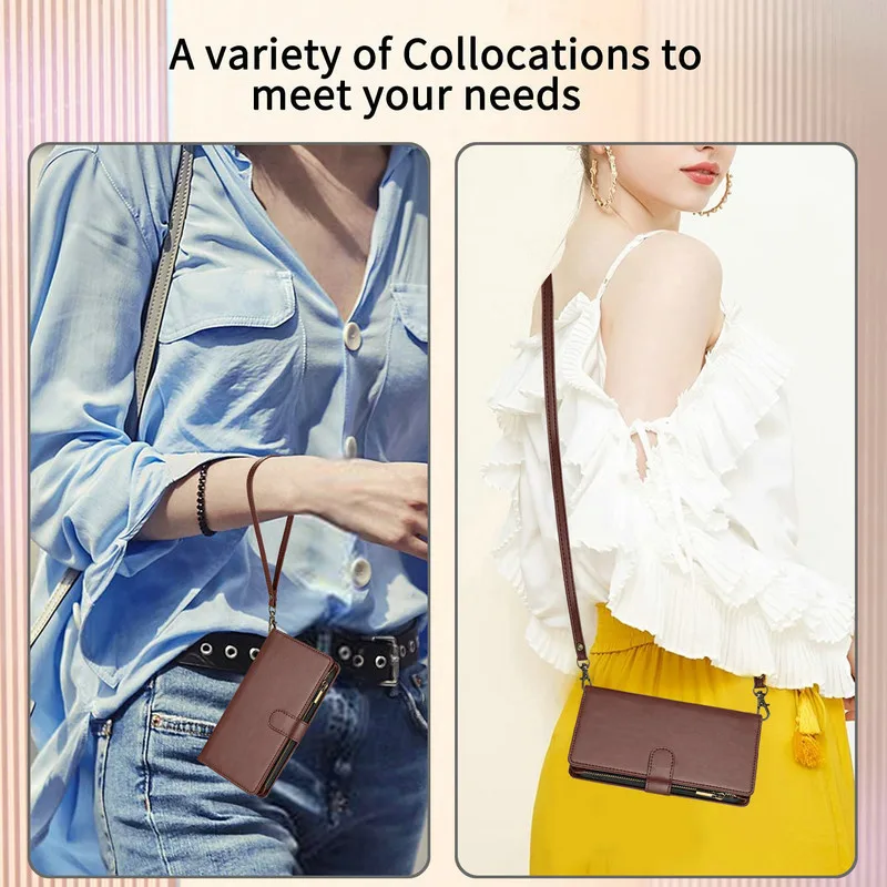 Luxurious Leather Crossbody Wallet with 9-Card Flip Case and Zipper Pocket