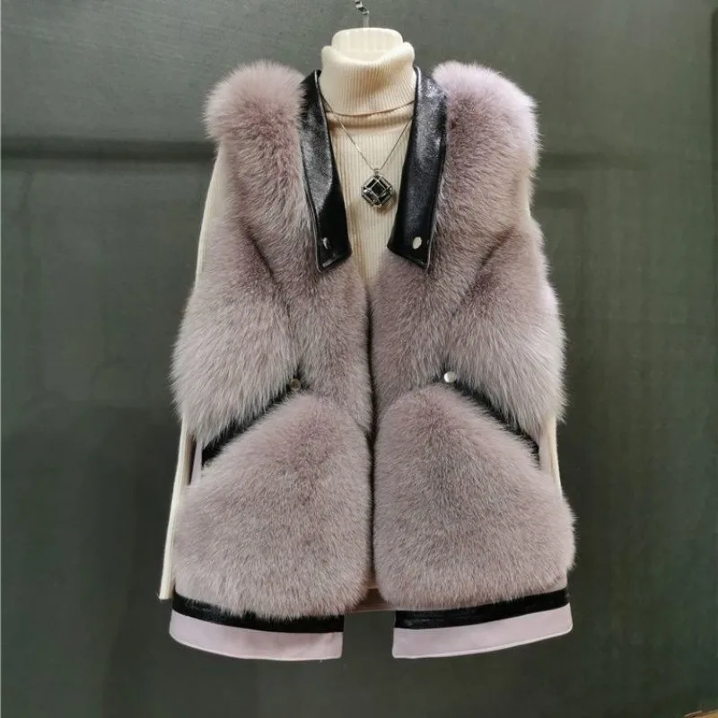 Autumn Winter New Women Faux Fox Fur Coat Mid-Length Waistcoat Fashion Vest Casual Keep Warm Temperament Waistcoat 2023