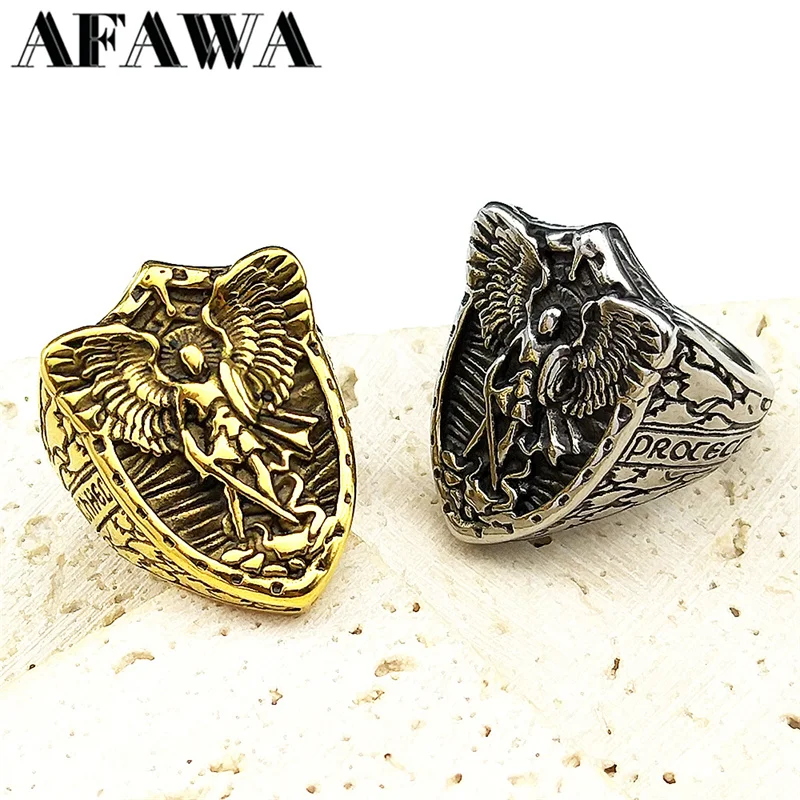 316L Vintage Saint Michael Erzengel Ring für Frauen Männer Edelstahl Gold Farbe Ritter Schild Finger Ring Amulett Schmuck