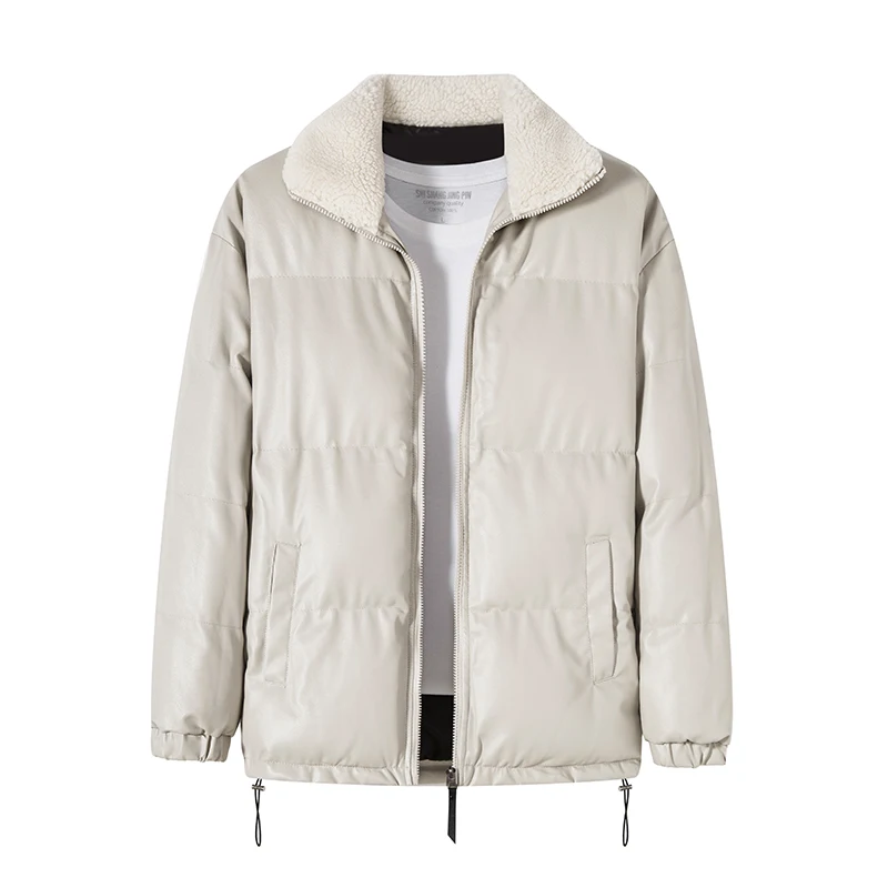 Men Winter Leather Jacket Solid Color Lapel Fleece Zipper Coat Padding Cotton Padded Jacket Warm Thickened Waterproof Outerwear