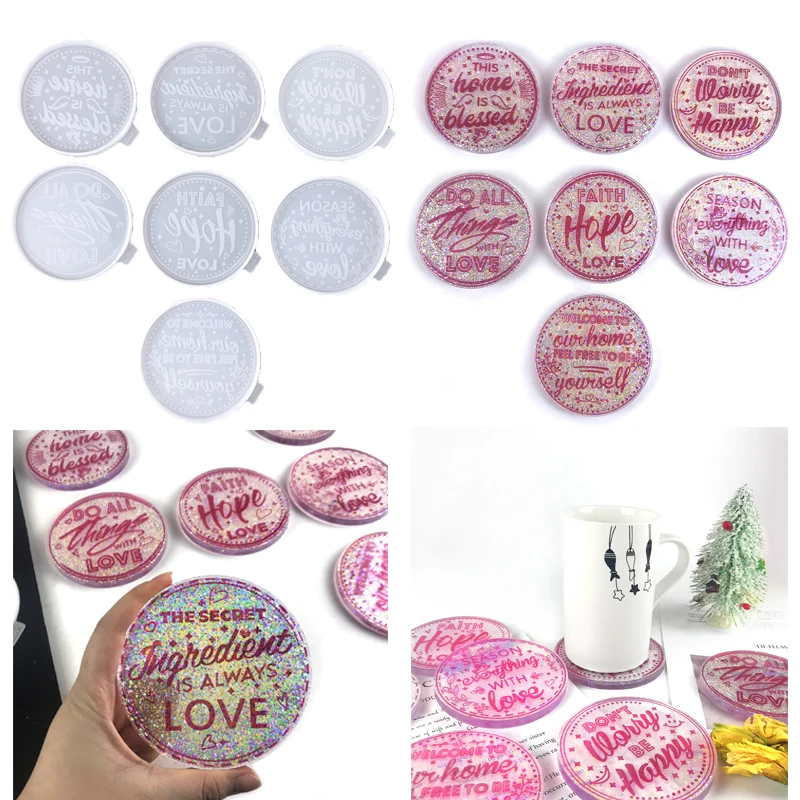 DIY Crystal Epoxy Resin Mold New English Letter Blessing Coaster Desktop Decoration Silicone Mold for Concrete Hand Decoration plaster round candle siliocne mold diy handmade concrete epoxy resin candle holder ornaments tray molds home decoration