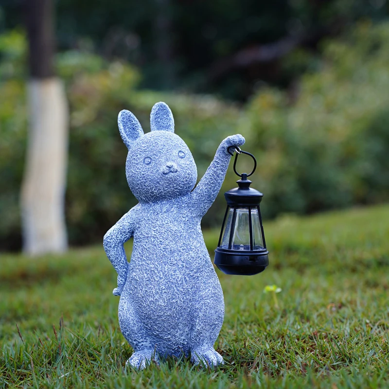 New Chinese Solar Powered Outdoor Courtyard Lights Garden Landscape Lawn Lamp Creative Resin Cute Rabbit Statues Decoration, 1Pc