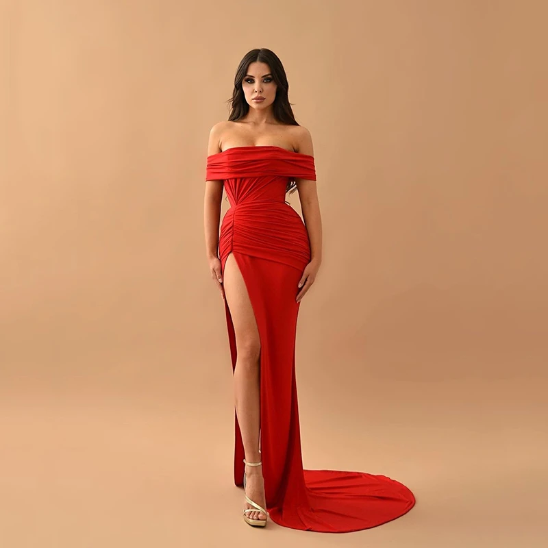 

UZN Sexy Red Mermaid Prom Dresses Strapless Off the Shoulder Evening Dress High Side Slit Saudi Arabia Party Gowns Custom Size