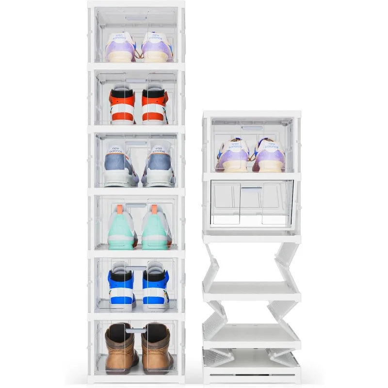 Gsiekare Shoe Organizer 6 Tier, 【No-Assembly-Required】 Foldable Plastic Shoe Storage Boxes for Sneakers