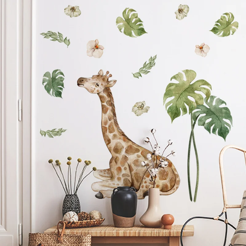Large Safari Animals Giraffe Nursery Wall Sticker for Kid Room Living Room Decor Nordic Jungle Animals Giraffe Decals Wallpaper