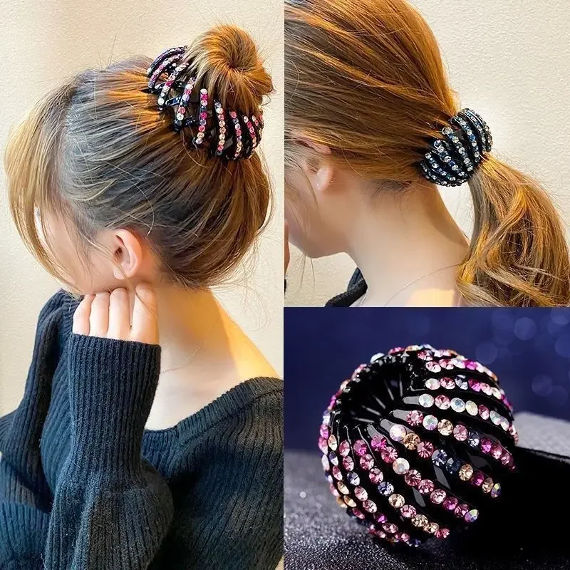 Fashion Crystal Rhinestone Hairpin Bun Hair Claw Clips Horsetail Buckle Hair Clip Bird Nest Expanding Hair Accessories for Women 4