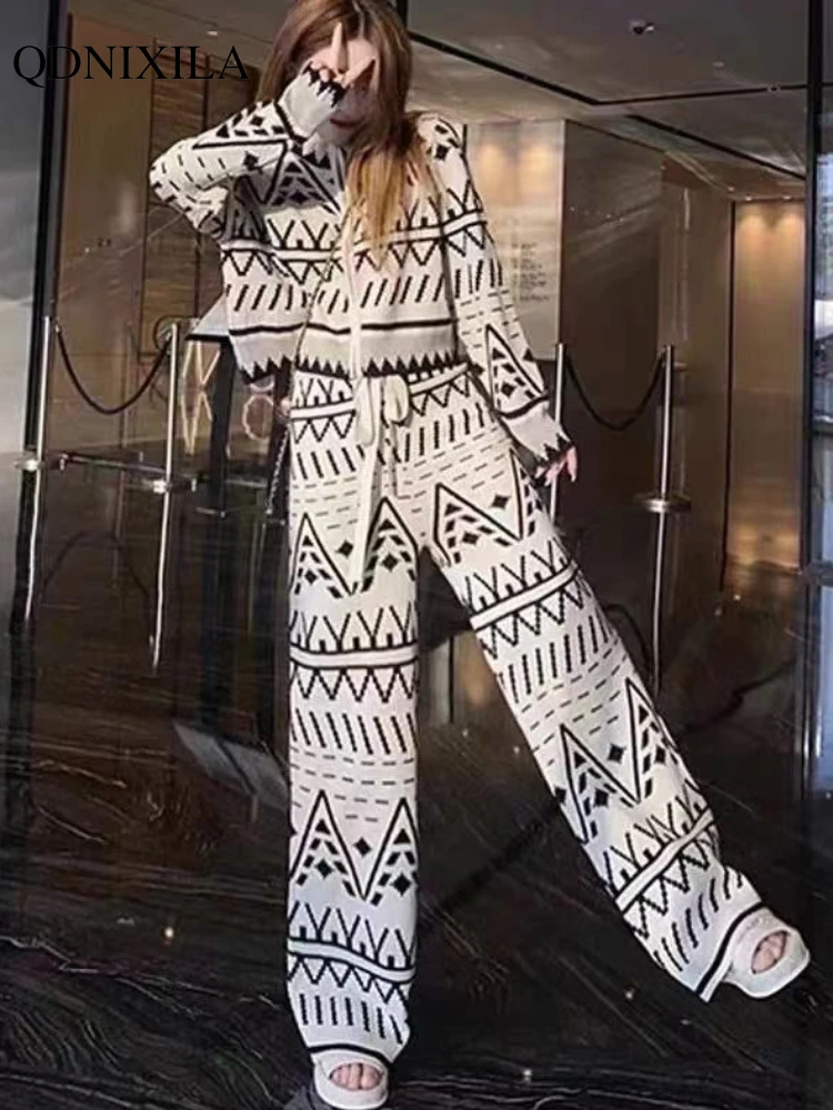 

Fall New Knitted Casual Suit Women Outfit Fashion Long Sleeve Sweater Top Wide Leg Pants Elegant Women's Sets Sports2 Piece Sets