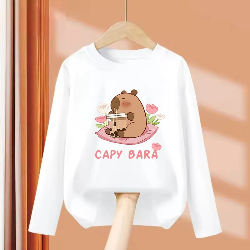 Niedliches, lustiges Capybara-Kapibara-T-Shirt mit Grafikdruck für Jungen/Mädchen, Sommer-Langarmshirt für Kinder, bequemes T-Shirt, süßes Shirt