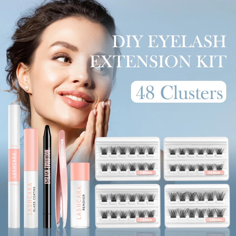 

ETVITE DIY Eyelash Extension Kit With 3D Volume 12/14mm Lash Clusters Individual Lashes Coating Remover Tweezers Eyelash Glue