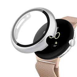 Elegant PC Glass Cover for Pixel Watch 2 - Full Screen Protector & Bumper Shell Accessories (Silver)