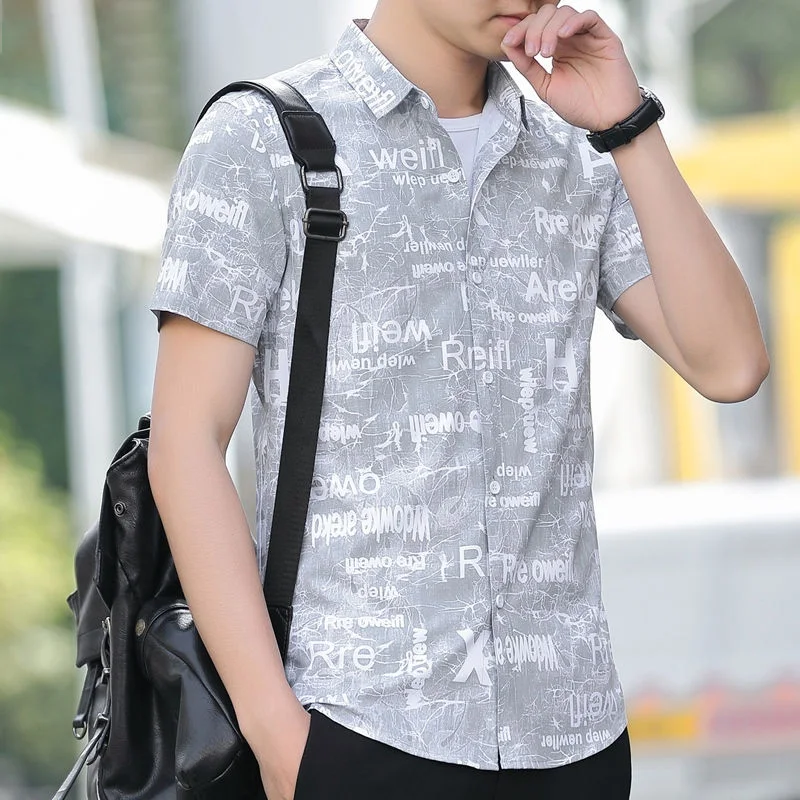 Fashion Lapel Button All-match Printed Asymmetrical Shirts Men's Clothing 2023 Summer New Casual Tops Short Sleeve Korean Shirt 3