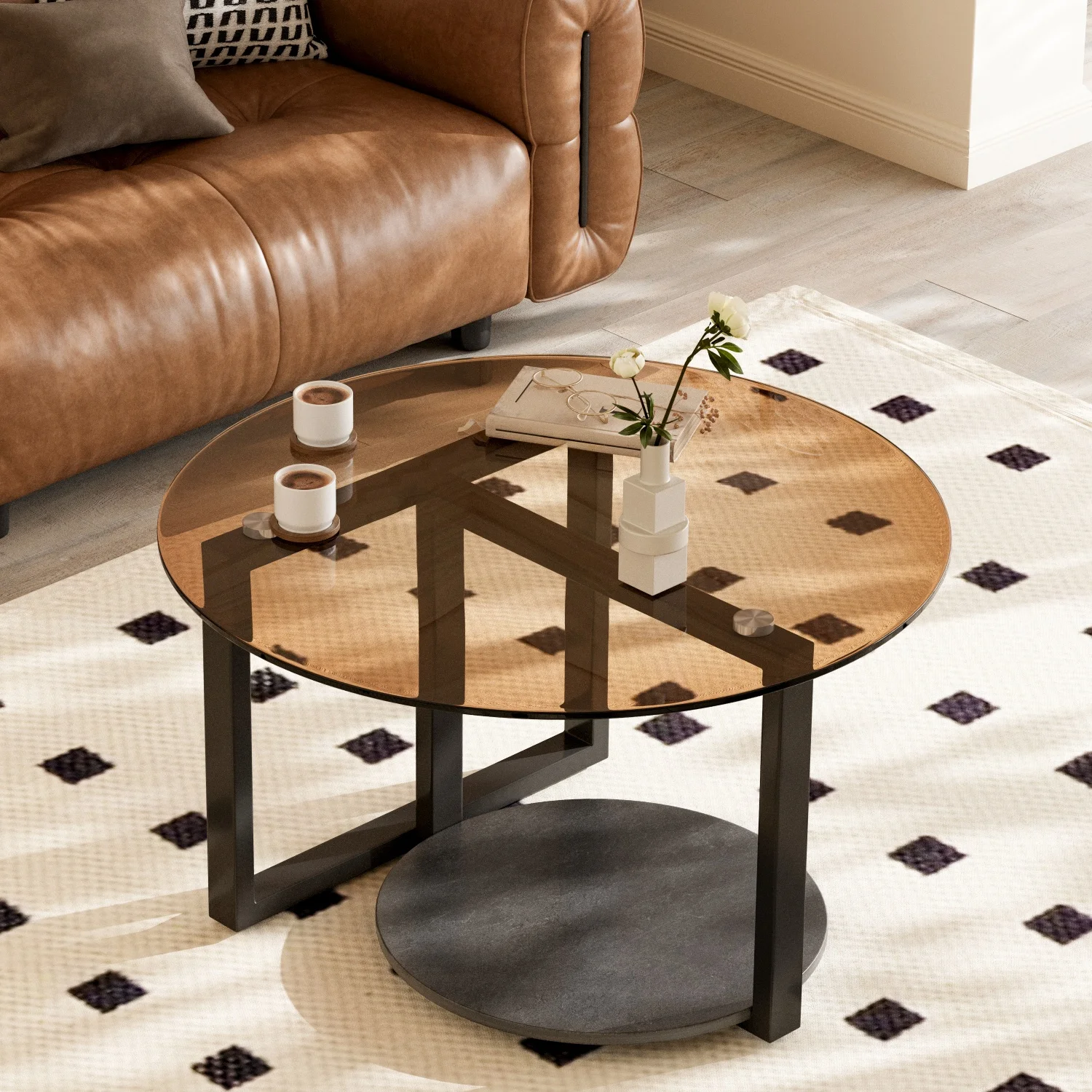 80cm Amber-Tinted Tempered Glass Coffee Table Modern Center Table Side Table with Sintered Stone Tier for Home Office Decor